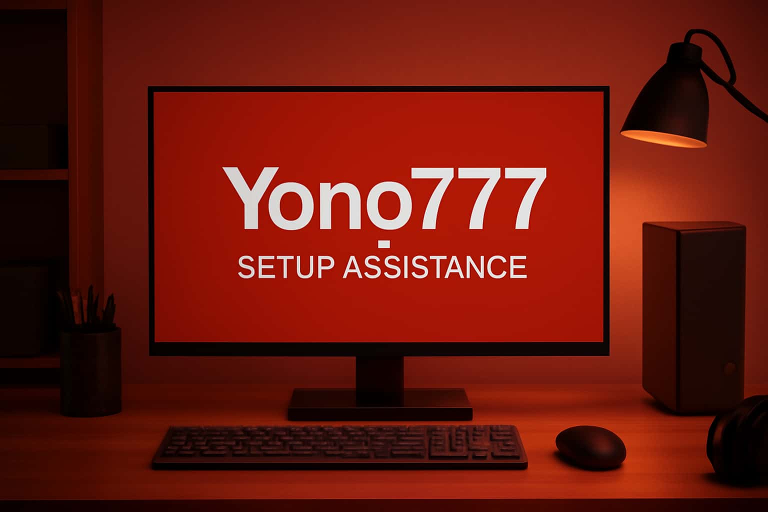 A futuristic scene depicting Yono777 setup assistance with clear focus on the text.